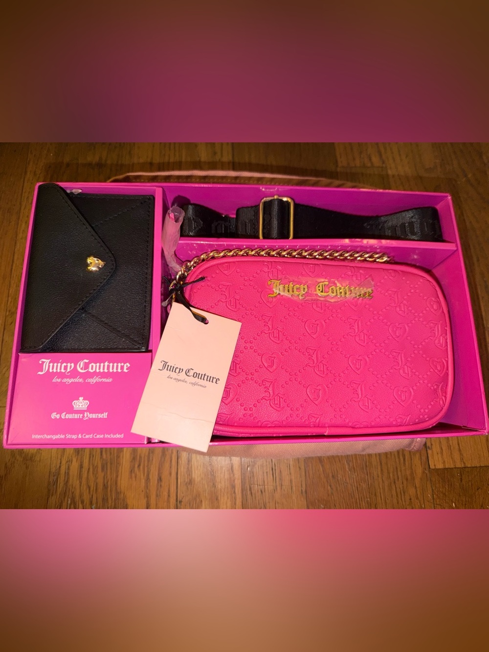 Juicy Couture Hot Pink Logo Embossed Crossbody with Gold Chain